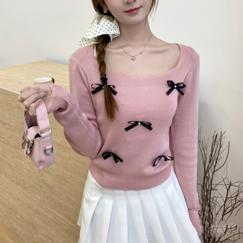 French bow beaded square neck long-sleeved knitted women's autumn design outer top, fashionable and versatile bottoming shirt