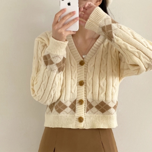 Plaid hemp pattern low-neck single-breasted cardigan top Korean style long-sleeved sweater