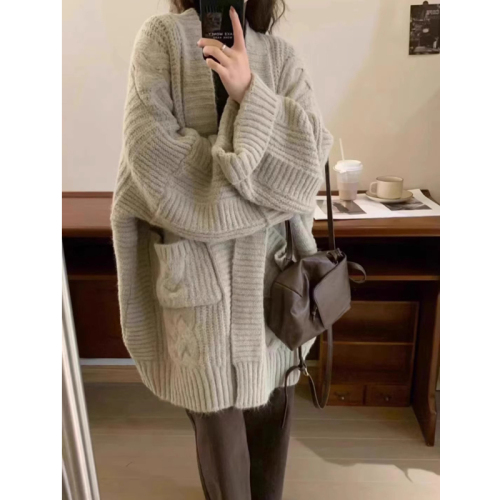 Korean Sweater Lazy Style 2024 Loose Knitted Sweater Cardigan Women's Jacket Mid-Length Thickened Autumn and Winter Outerwear