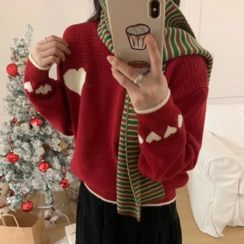 Contrast color heart-shaped sweater 2024 new autumn and winter style, fashionable and age-reducing, loose, slim and versatile