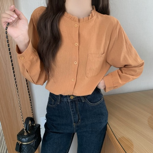 Real shot pure cotton three standards 2024 autumn retro long-sleeved shirt fashionable loose simple casual top