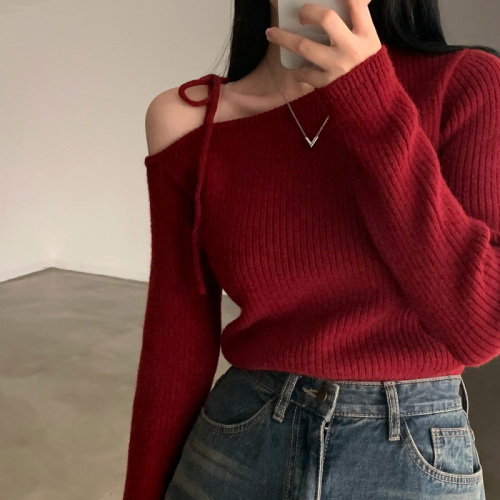 Korean chic autumn and winter niche retro irregular oblique collar off-shoulder lace-up slim slim long-sleeved knitted sweater for women