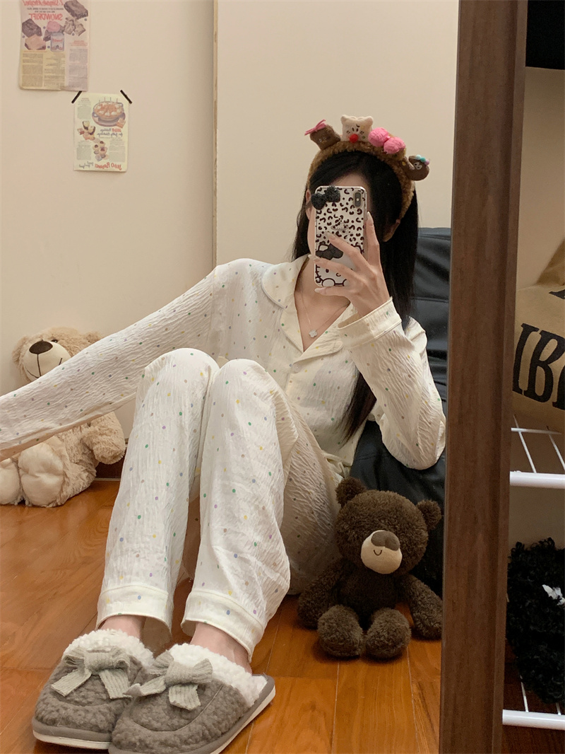 Photographed Autumn New Japanese Colorful Polka Dot Pajamas Sweet and Cute Cartoon Home Long Sleeve Two-Piece Set