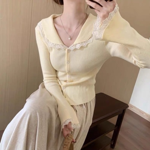 Autumn and winter design lace knitted cardigan for women new Korean style doll collar slimming temperament long sleeves