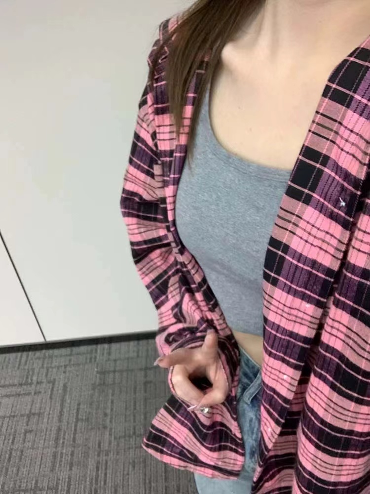 粉色格子襯衫女夏設計感小眾小個子外套復古吊帶外搭開衫上衣