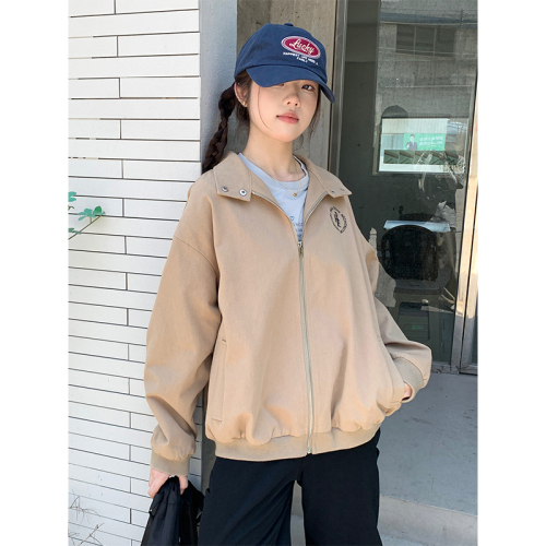 Real shot of American retro letter embroidered khaki embroidered cardigan jacket for women 2024 autumn loose zipper top