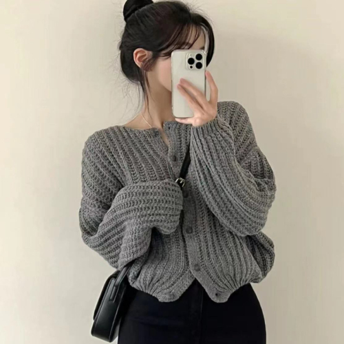 Korean women's CRKO spring and autumn lazy solid color loose round neck long-sleeved sweater cardigan sweater top