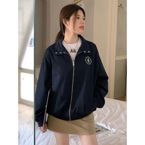 Real shot of American retro letter embroidered khaki embroidered cardigan jacket for women 2024 autumn loose zipper top