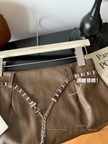 Real shot of autumn leather skirt, feminine chain charm, high waist slimming pu leather skirt, midi skirt, A-line skirt