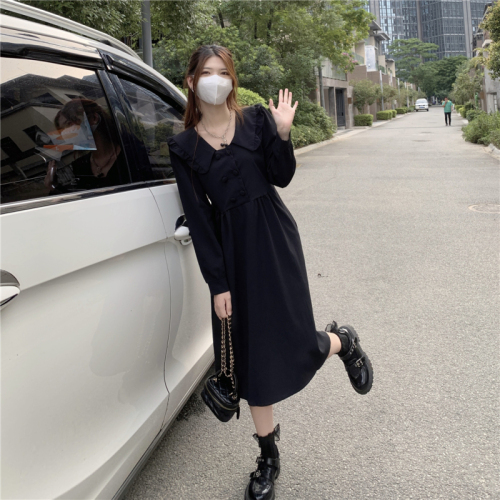 Real shot of autumn French doll collar temperament dress for women, high-end waist slimming puff sleeve long skirt