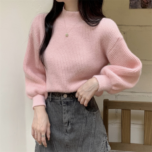 Real shot real autumn and winter warm half turtleneck design lantern sleeve sweater for women