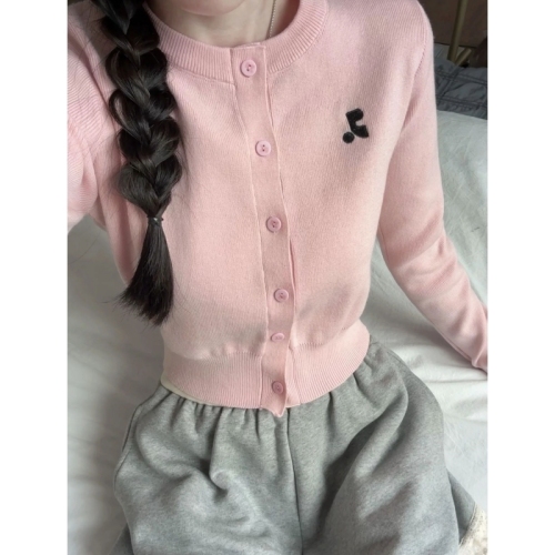 Gentle style pink embroidered knitted cardigan for women spring and autumn new design Korean style versatile long-sleeved short top trendy