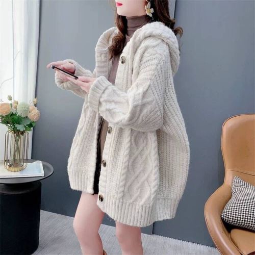 Lazy style retro thickened hooded sweater cardigan for women autumn and winter 2024 new loose mid-length knitted jacket