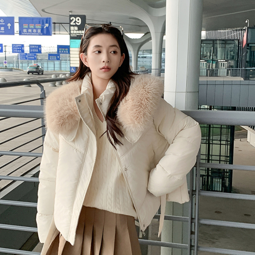 Actual shot of 2024 new down jacket for women, short, small, Korean style, large fur collar, bread jacket, warm jacket