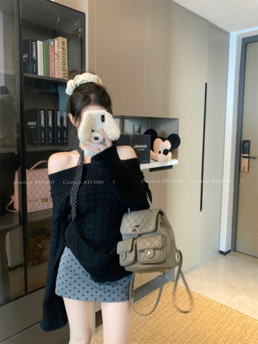 Actual shot of one-shoulder long-sleeved sweater top for women with scarf