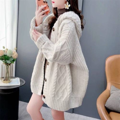 Lazy style retro thickened hooded sweater cardigan for women autumn and winter 2024 new loose mid-length knitted jacket