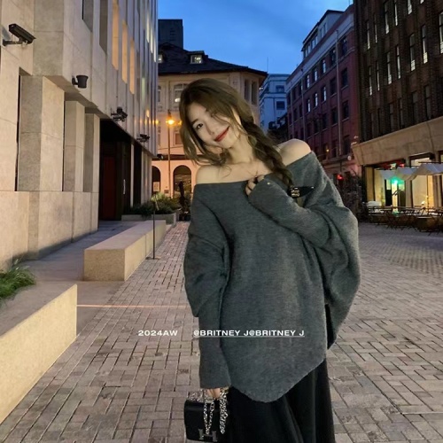 French style bat-sleeve irregular knitted sweater for women 2024 early autumn new style loose lazy style long-sleeved top