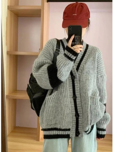 Korean style lazy college style sweater jacket for women spring and autumn loose retro striped mid-length knitted cardigan top
