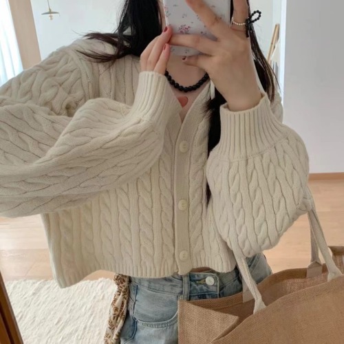 South Korea's Dongdaemun Lantern Sleeve V-neck Twist Sweater Jacket Short Outerwear Women's Loose High Waist Knitted Cardigan