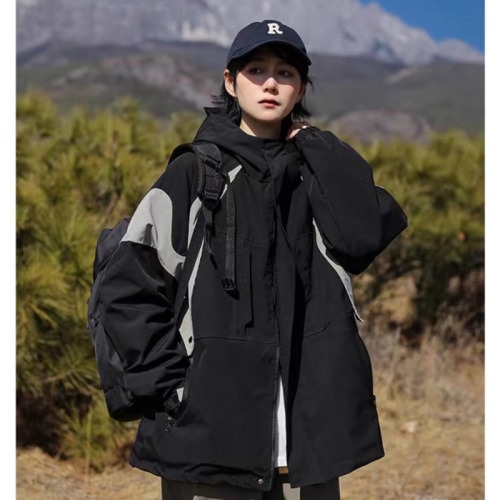 Outdoor three-in-one functional hooded jacket, men's and women's same style contrasting color block work jacket top