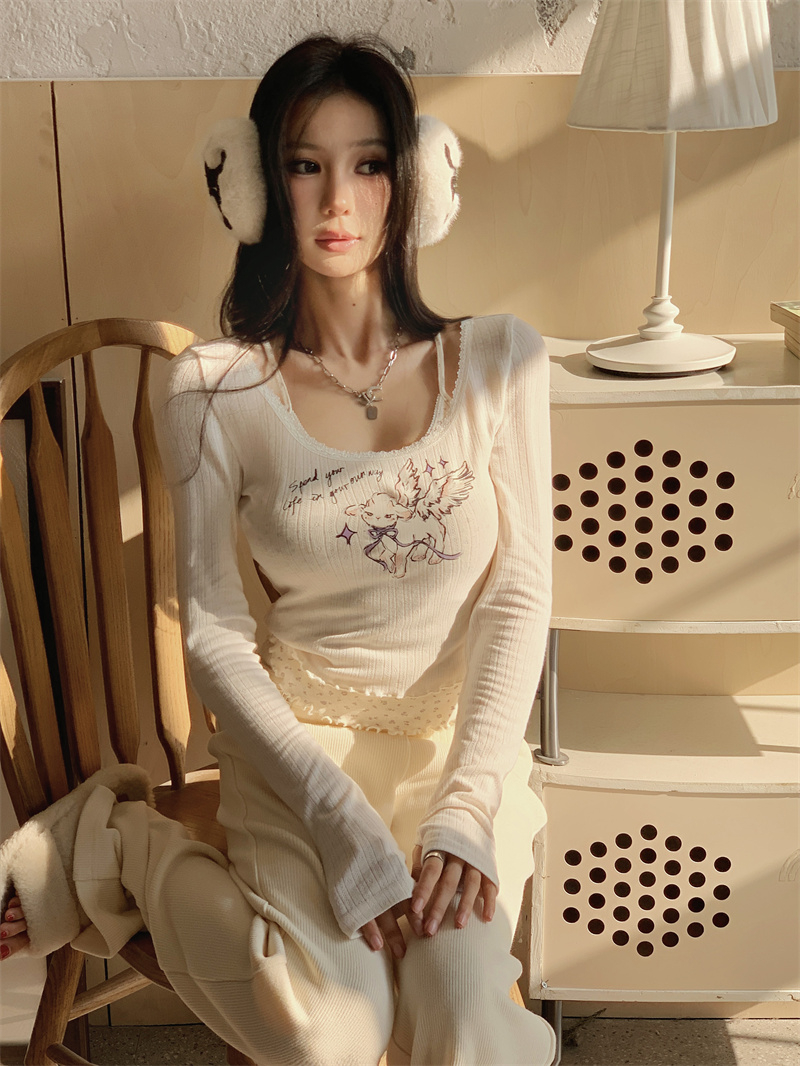 白色吊帶拼接假兩件打底衫女秋卡通印花修身設計感內搭上衣