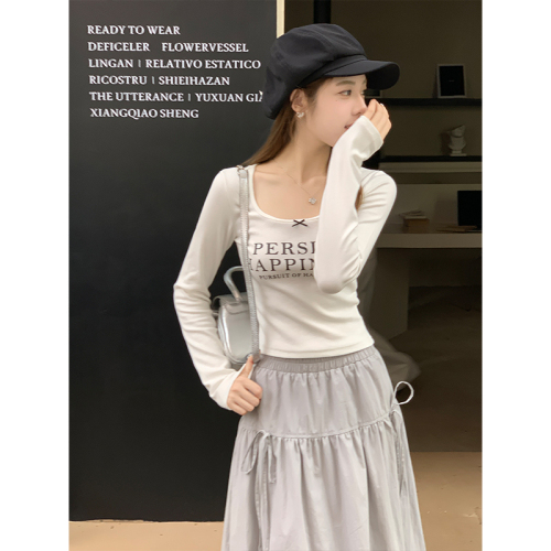 Real shot square neck bottoming shirt early autumn 2024 new style long-sleeved T-shirt letter printed slim fit top