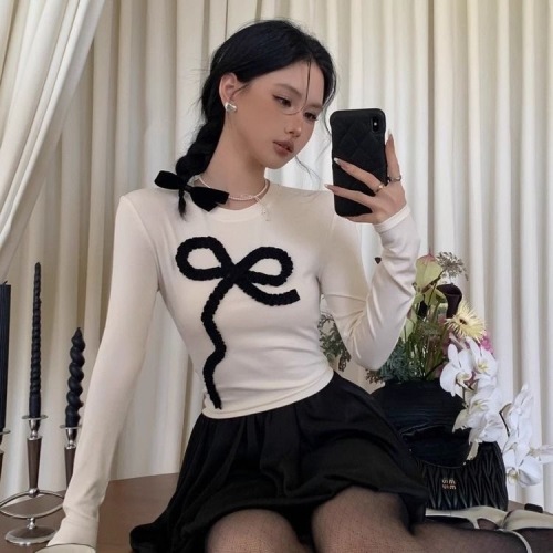 LELART early autumn new style French temperament pure desire sweet style bow long-sleeved shirt tops women's slim and versatile