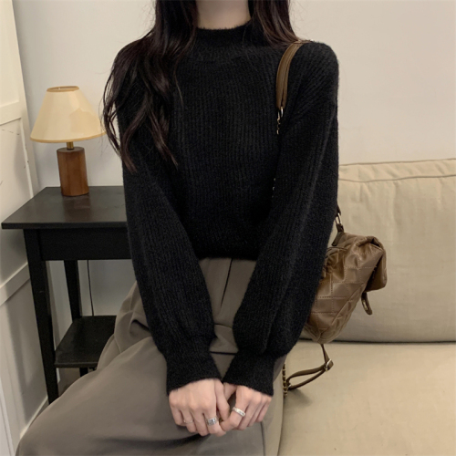 Real shot real autumn and winter warm half turtleneck design lantern sleeve sweater for women