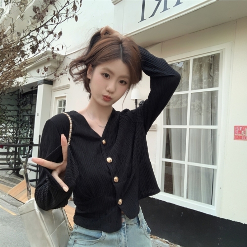 Actual shot of Korean style gentle retro French puff sleeve shirt, simple and versatile long-sleeved V-neck knitted cardigan jacket