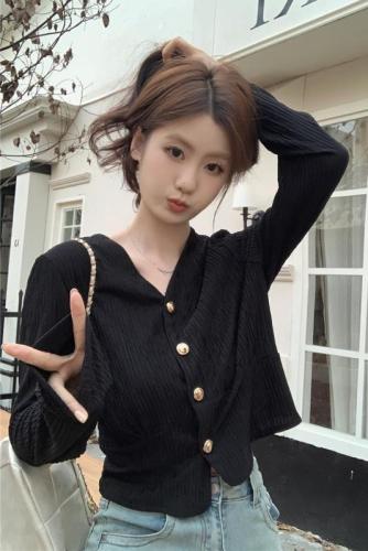 Actual shot of Korean style gentle retro French puff sleeve shirt, simple and versatile long-sleeved V-neck knitted cardigan jacket