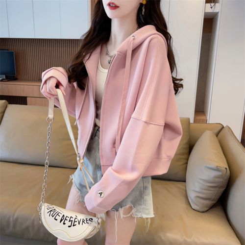 Real shot 100 polyester 2024 autumn new solid color cardigan hooded top for women