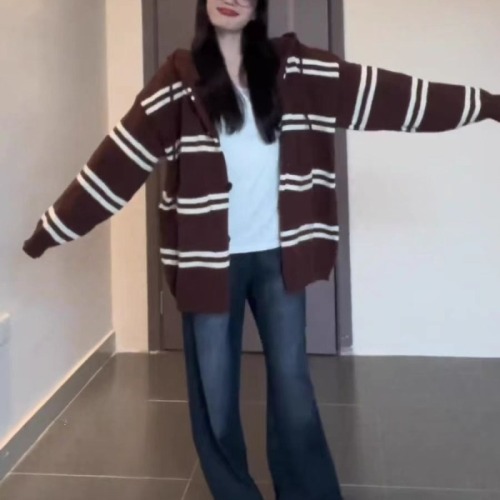 慵懒风高级感条纹毛衣女秋季2024年新费尔岛针织开衫连帽外套秋冬