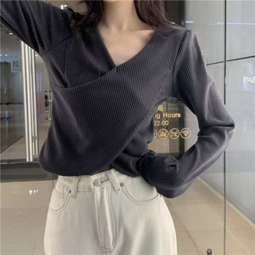 Real shot, real autumn and winter new design V-neck corduroy long-sleeved T-shirt tops for women