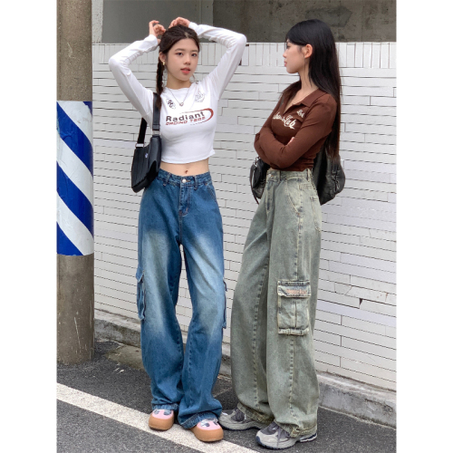 Real shot of 2024 early autumn sweet and cool old blue loose denim trousers new design embroidered street pants