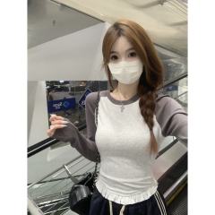 Real shot of autumn and winter Korean style raglan contrasting lace sweet and slim short long-sleeved T-shirt top