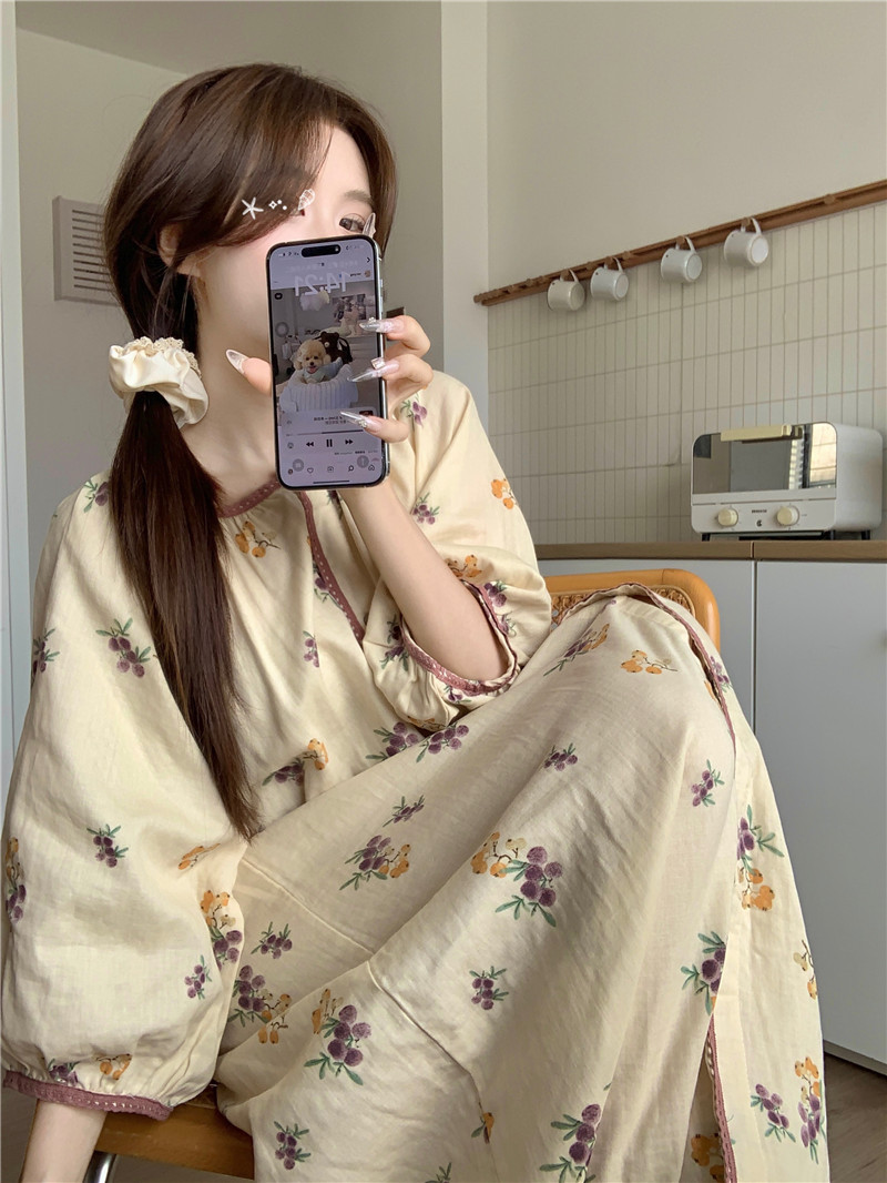 Photographed Korean-style sweet lace soft cotton double gauze autumn skin-friendly breathable outerwear long-sleeved dress home wear