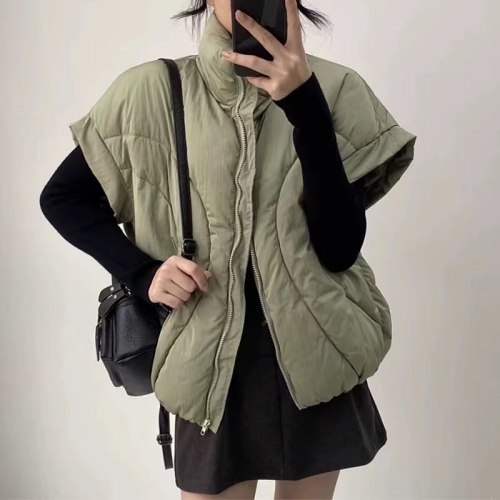 Korean autumn retro lazy style stand-up collar loose casual versatile zipper thickened cotton vest jacket for women