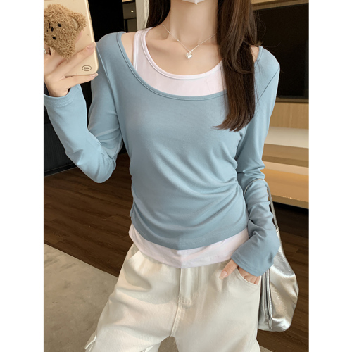 Real shot of autumn new contrasting color splicing fake two-piece long-sleeved T-shirt for women Korean slim fit short top