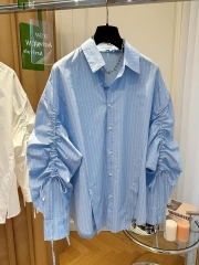 Spring and Autumn pleated drawstring long-sleeved loose striped shirt unique and chic top for women