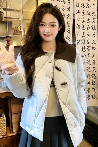 Actual shot of 2024 new Korean style knitted rhombus down cotton coat for small women, loose short cotton coat