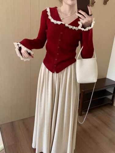 Autumn and winter design lace knitted cardigan for women new Korean style doll collar slimming temperament long sleeves