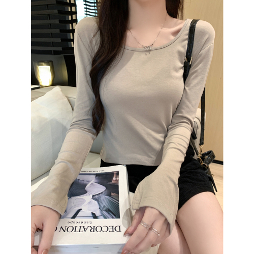 Actual shot of 2024 autumn and winter long-sleeved T-shirts for women with slit square neck bottoming shirts for women