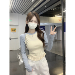 Real shot of autumn and winter Korean style raglan contrasting lace sweet slimming long sleeve inner T-shirt top for women