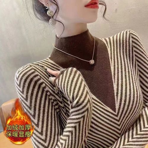 One-piece velvet half turtleneck bottoming shirt for women, autumn and winter new style, high-end striped sweater for women