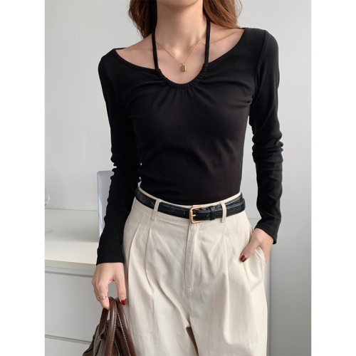 High elastic ribbed German velvet fashionable super popular halterneck long-sleeved T-shirt feminine slim v-neck bottoming shirt top