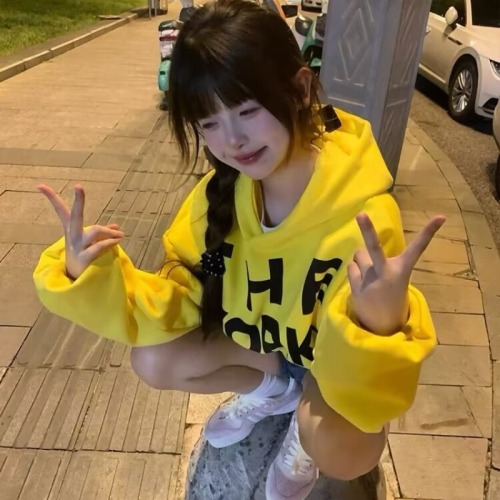 美式潮牌hiphop连帽黄色卫衣女春秋宽松小个子情侣长袖慵懒风外套