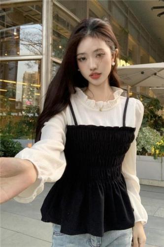 Real shot Korean style puff sleeve fake two-piece shirt for women autumn new slim slim long-sleeved top