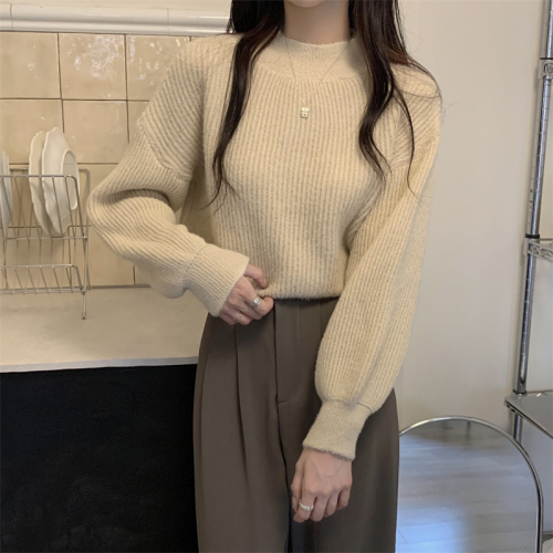 Real shot real autumn and winter warm half turtleneck design lantern sleeve sweater for women