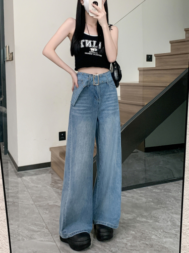 Real shot ~ Retro washed blue belt denim straight pants for women summer new high waist loose wide leg pants