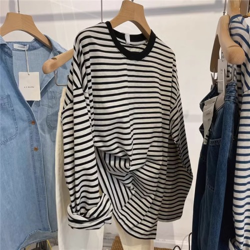 Original fabric extra large size 240 pounds retro contrasting stripes loose long-sleeved T-shirt for women